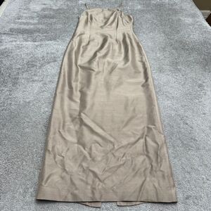 Lynn Lugo 100% Raw Silk Maxi Dress Womens 8 Gold Tan Spaghetti Strap Slit USA